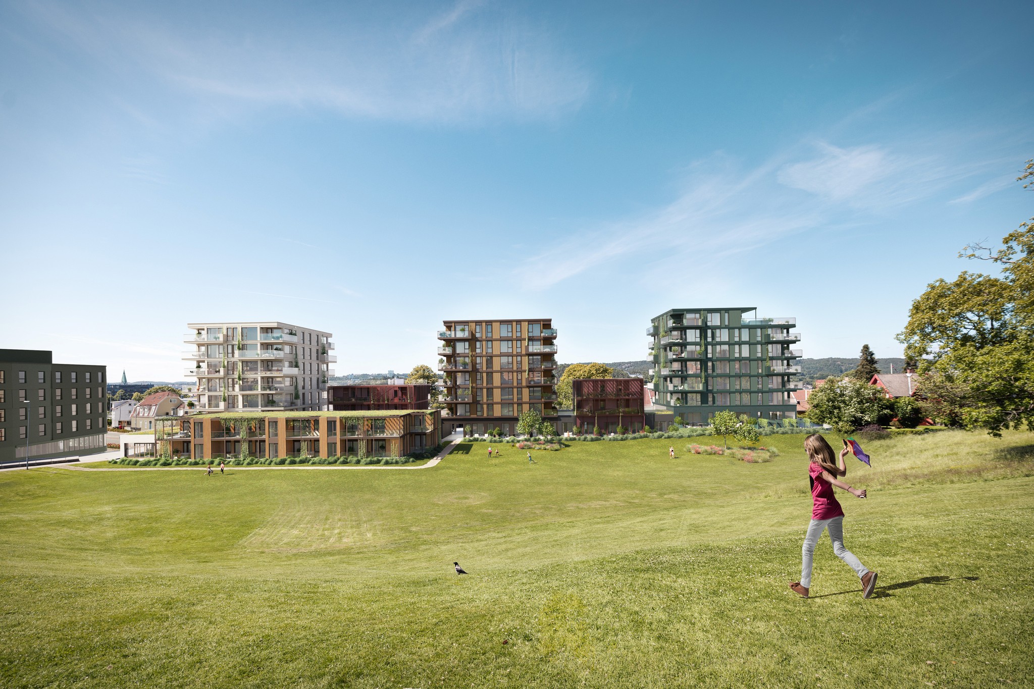 Vabua Park visualisert med grønt uteområde og bygninger i landskapet